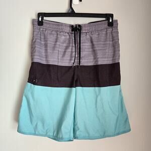 Pacific Scene Color Block Swim Trunks Teal Black Grey -Mens Medium Inner Lining